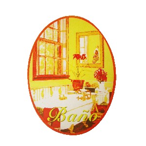 PLACA MADERA OVAL BAÑO NARANJA AMARILLO