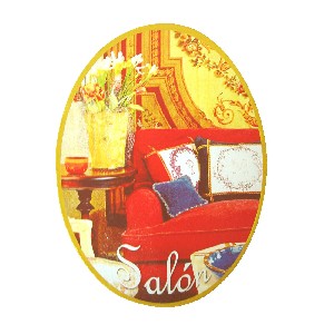 PLACA MADERA OVAL SALON SOFA ROJO